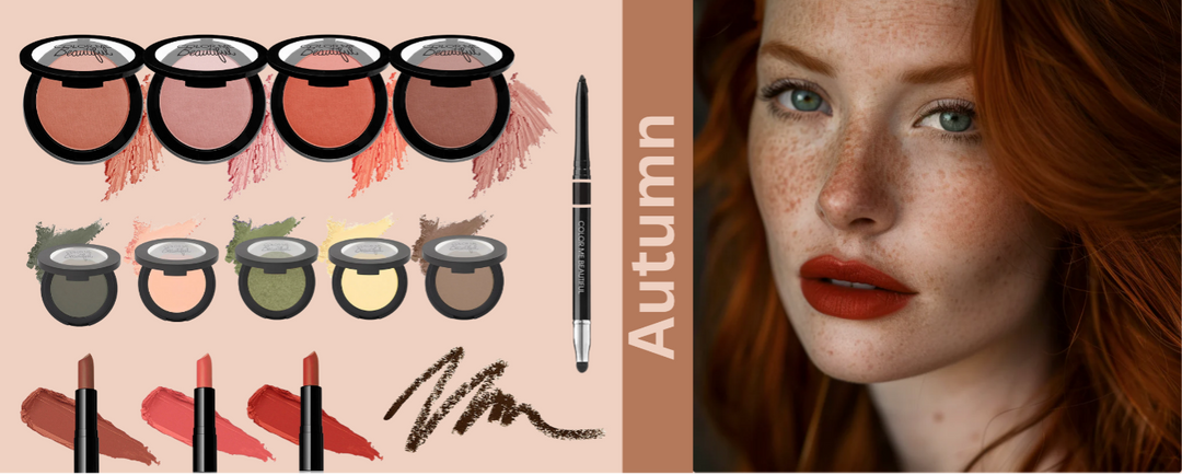 An autumn makeup collage, featuring blushes, eyeshadows, lipsticks, an eyeliner pencil with a smudger, and a woman with red hair wearing  and natural-looking makeup that enhances her warm undertones.