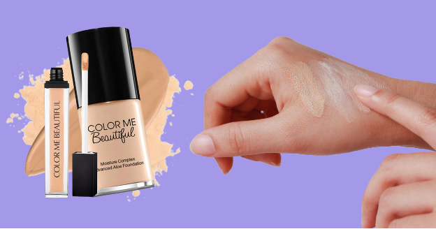 Alt Image Text: Color Me Beautiful foundation and concealer displayed on a purple background, with product swatches applied to a hand showing a range of skin tone undertones from warm beige to cool ivory, illustrating how different shades appear on skin.