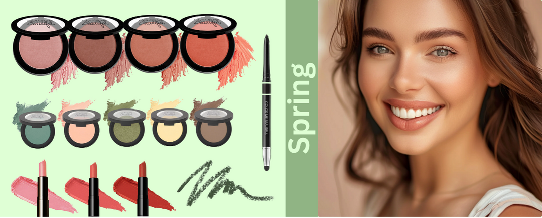 A spring makeup collage, featuring blushes, eyeshadows, lipsticks, an eyeliner pencil with a smudger, and there's a close-up of an olive-skinned woman with golden-toned makeup.