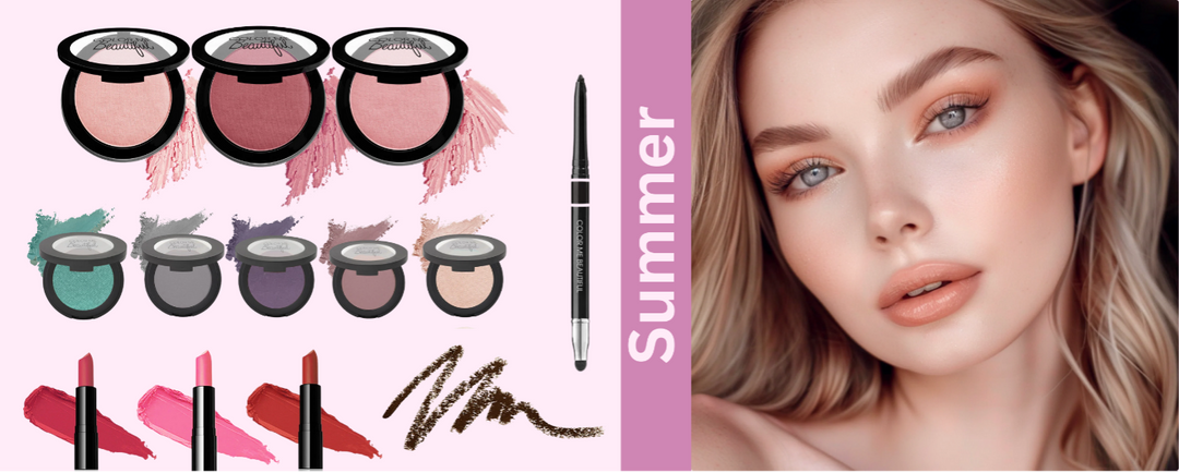 A summer makeup collage, featuring blushes, eyeshadows, lipsticks, an eyeliner pencil with a smudger, and a close-up of a fair-skinned woman with peach-toned makeup