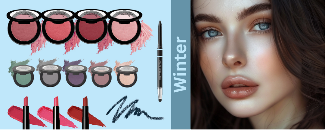 A winter makeup collage, featuring blushes, eyeshadows, lipsticks, an eyeliner pencil with a smudger, and a close-up of a fair-skinned woman with cool undertones.