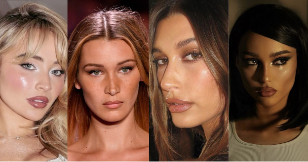 A collage of four women showing trendy makeup looks: the first with glossy lips and cat-eye liner; the second with natural makeup and freckles; the third with bronzed skin and nude lips; and the fourth with, dramatic eyeliner and matte lips.