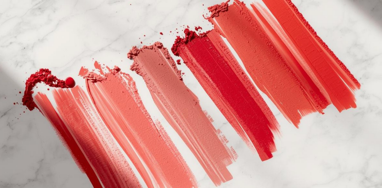 Five bold makeup swatches in shades of red, coral, and peach brushed vertically across a white marble surface, showing different textures from creamy to powder with visible smudges and pigment crumbles. 