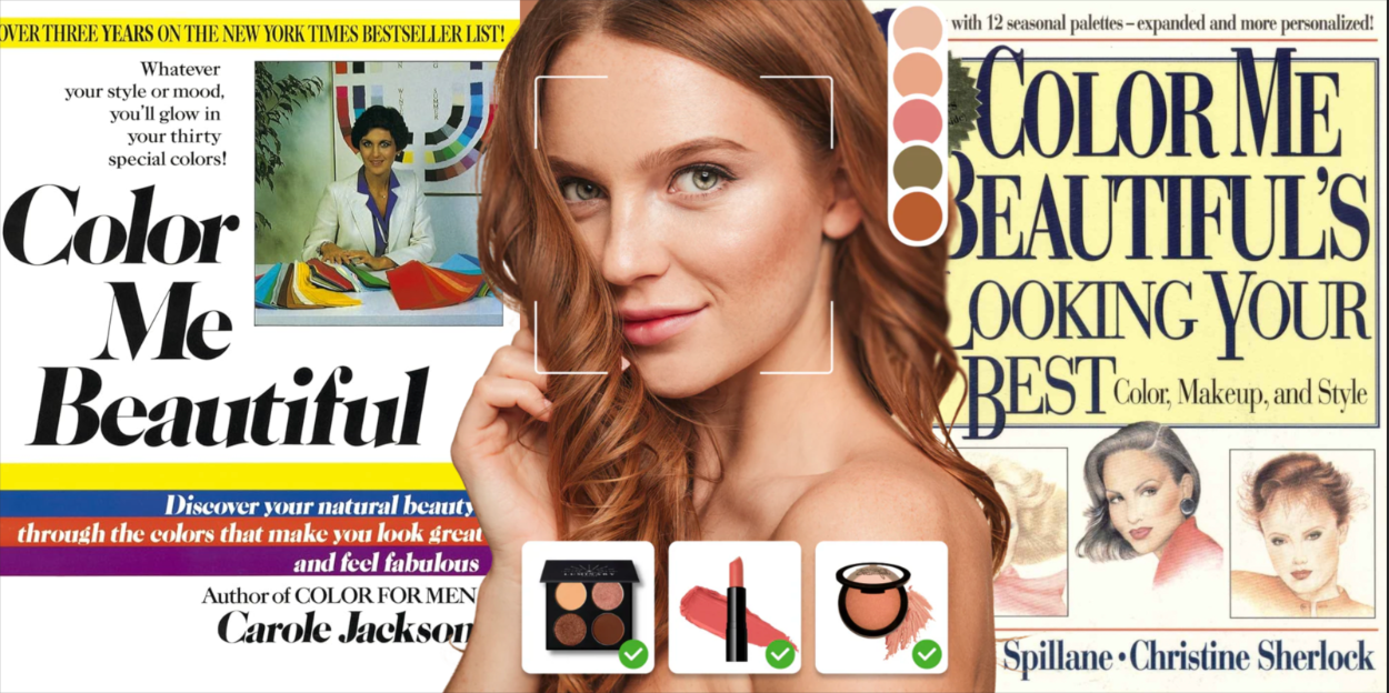 Promotional banner for CMB featuring vintage book covers by Carole Jackson, a woman framed by a facial analysis outline in the center, a strip of color swatches, and three makeup products along the bottom. 