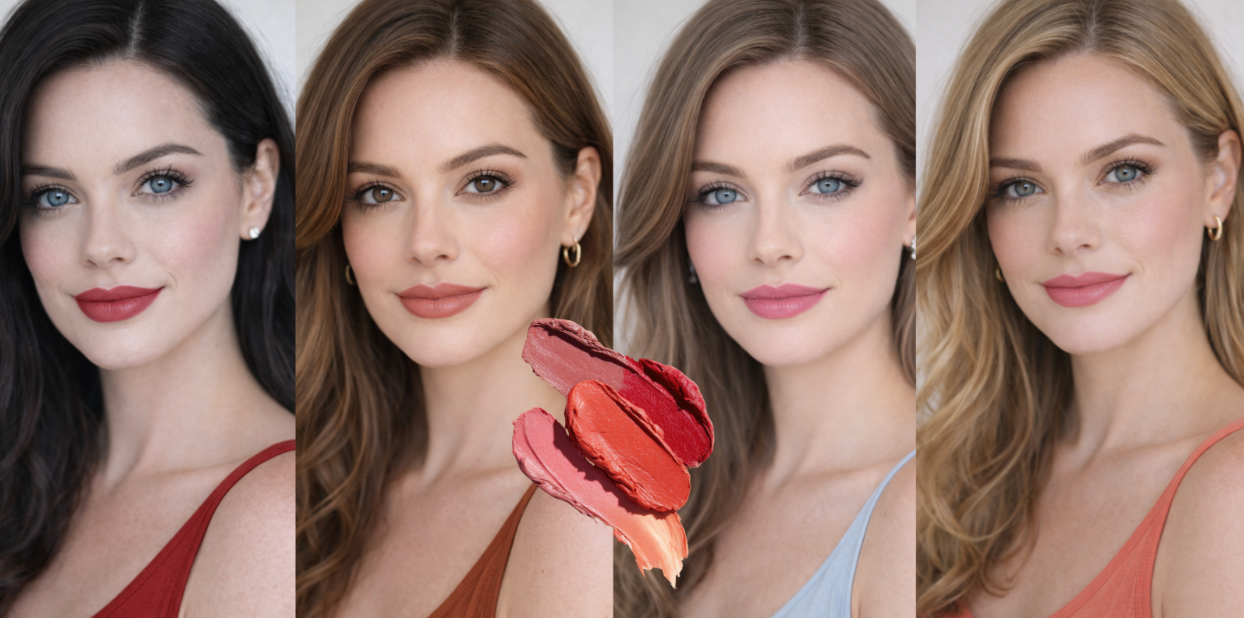 Four close-up portraits of women with different color seasons, each wearing coordinated makeup and tank tops. Lipstick swatches in varying shades of red, coral, pink, and nude are in the center.