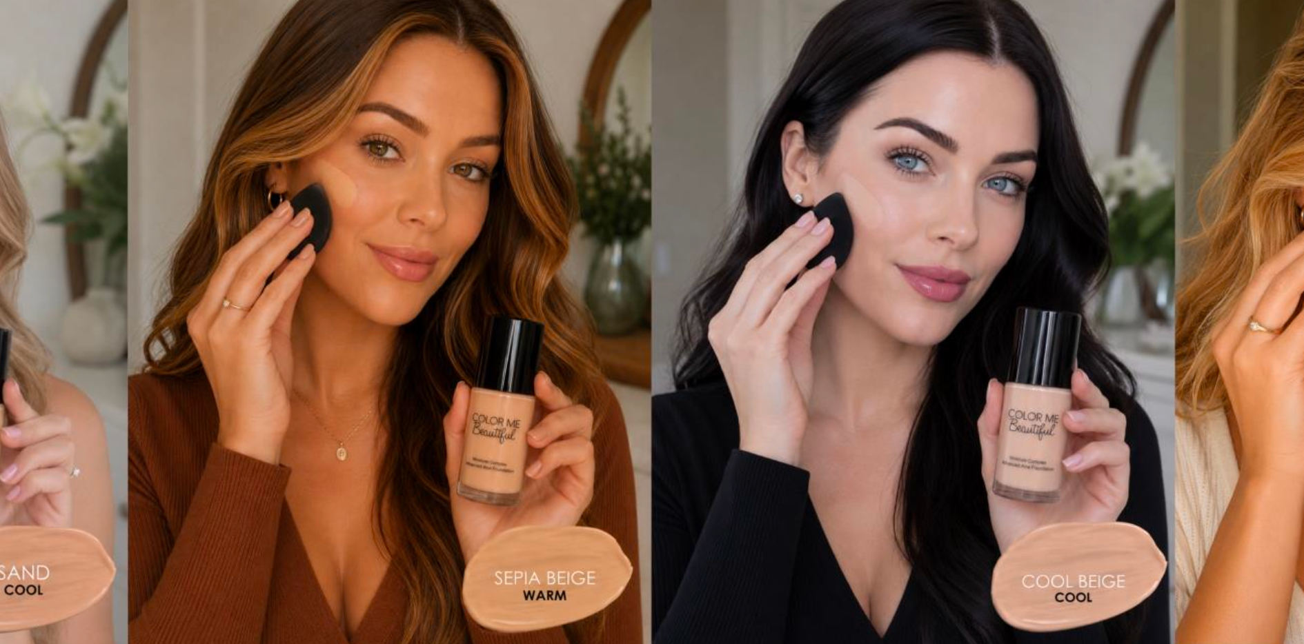 Seasonal foundation shade guide featuring Spring Ivory Warm, Summer Sand Cool, Autumn Sepia Beige Warm, and Winter Cool Beige foundations applied by women with matching seasonal coloring.