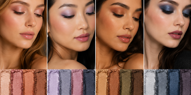 Four models wearing seasonal eyeshadow looks representing Spring, Summer, Autumn, and Winter color palettes with coordinating eyeshadow shades including peach, mauve, bronze, teal, navy, silver, and smoky tones.