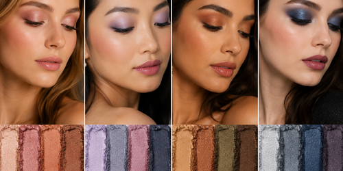 Four models wearing seasonal eyeshadow looks representing Spring, Summer, Autumn, and Winter color palettes with coordinating eyeshadow shades including peach, mauve, bronze, teal, navy, silver, and smoky tones.