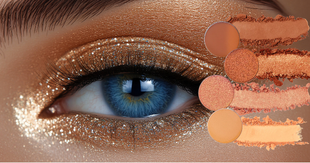 Close-up of a blue eye with dramatic copper and gold glitter eyeshadow applied on the eyelid and under the eye. Beside the eye are four swatches of warm-toned eyeshadows, including matte and shimmery copper, peach, and gold shades.