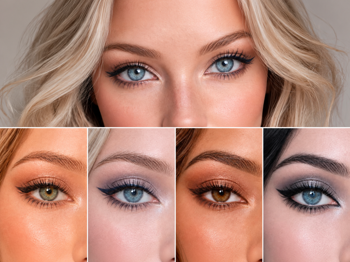 Beauty editorial featuring four eye makeup looks inspired by the Spring, Summer, Autumn, and Winter color seasons, with warm and cool palettes