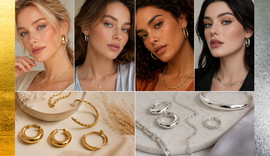 Collage comparing gold and silver jewelry on models with different seasonal color palettes, alongside gold and silver accessories illustrating how metal tones complement seasonal color analysis