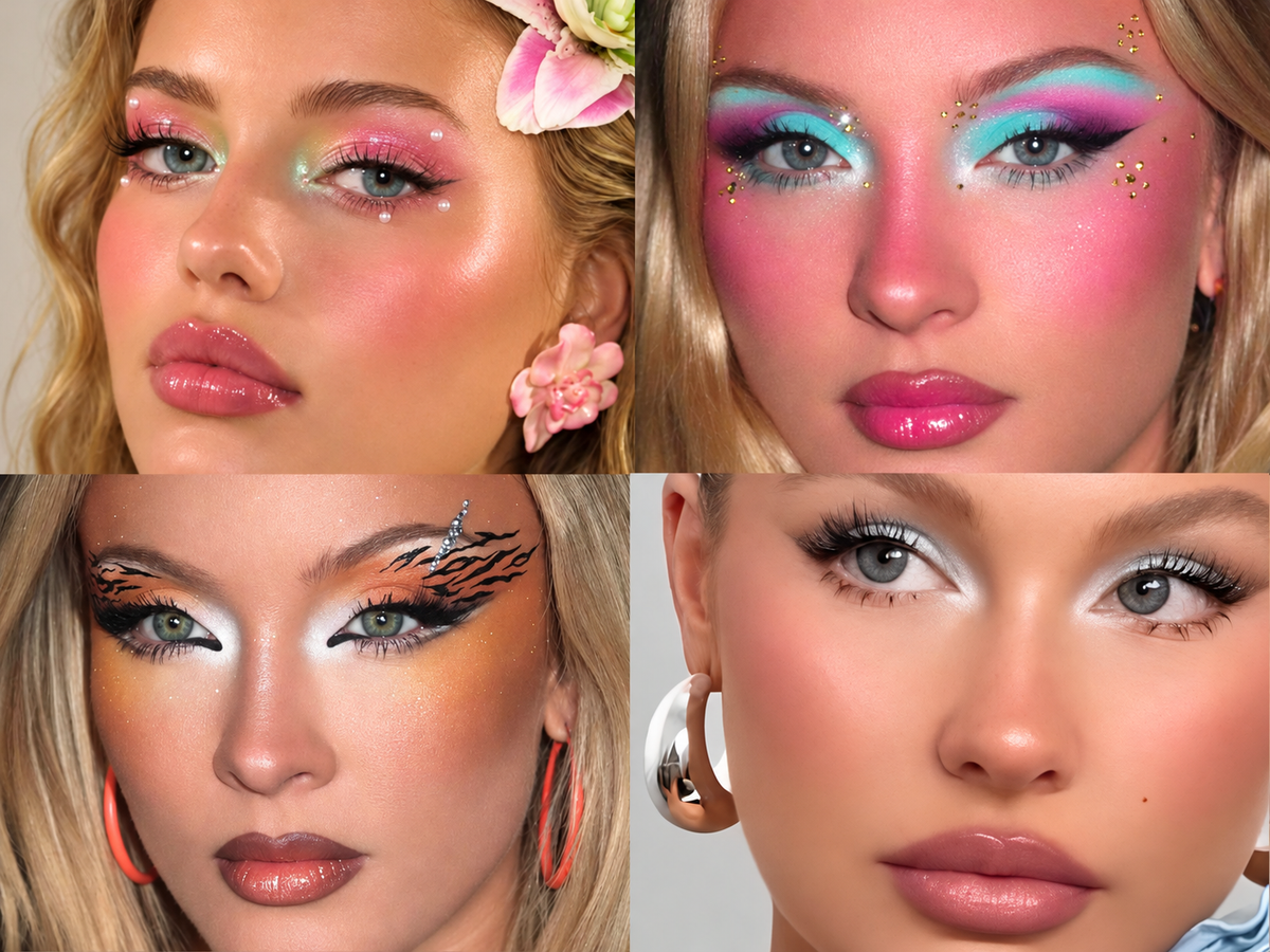 Four different makeup looks. Top left: earthy fairy. Top right: Zara Larson. Bottom left: tiger eyeliner. Bottom right: ice queen.