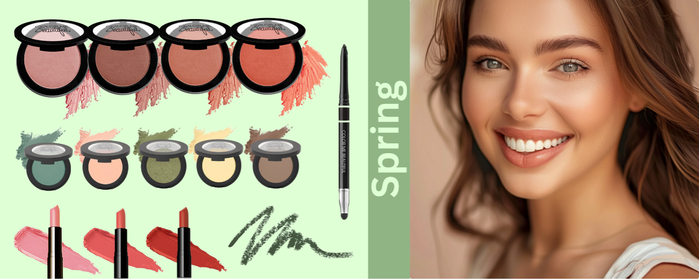 A spring makeup collage, featuring blushes, eyeshadows, lipsticks, an eyeliner pencil with a smudger, and there's a close-up of an olive-skinned woman with golden-toned makeup. 