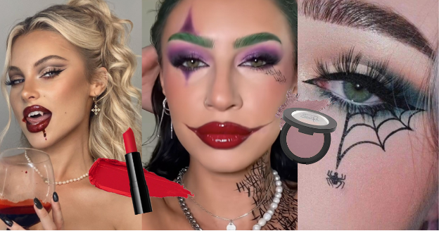 Three trendy Halloween makeup looks — glamorous vampire with red lipstick, colorful Joker-inspired makeup with purple and green, and graphic spiderweb eyeliner — featuring Color Me Beautiful cosmetics.